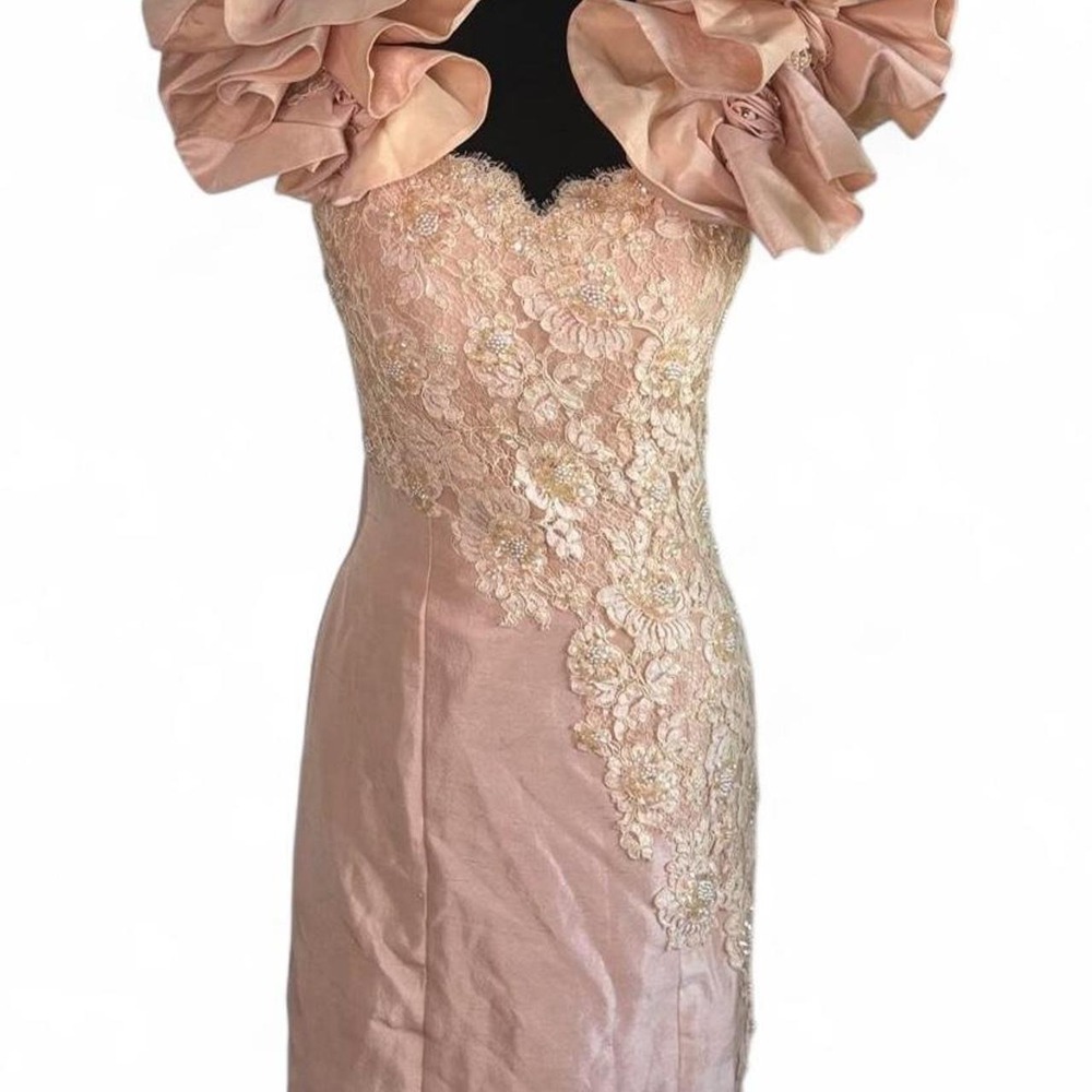 Vintage 80s Pink Floral Lace Ruffle Sleeve Formal Dress Pearl Sequin Small 4-6